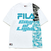 FILA FUSION Contrasting Colors Logo Printing Splicing Camouflage Round Neck Short Sleeve White T-Shirt T11U136103F-WT