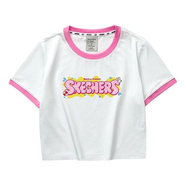 (WMNS) Skechers Letter Printed T-Shirt 'White Pink Blue' L223W152