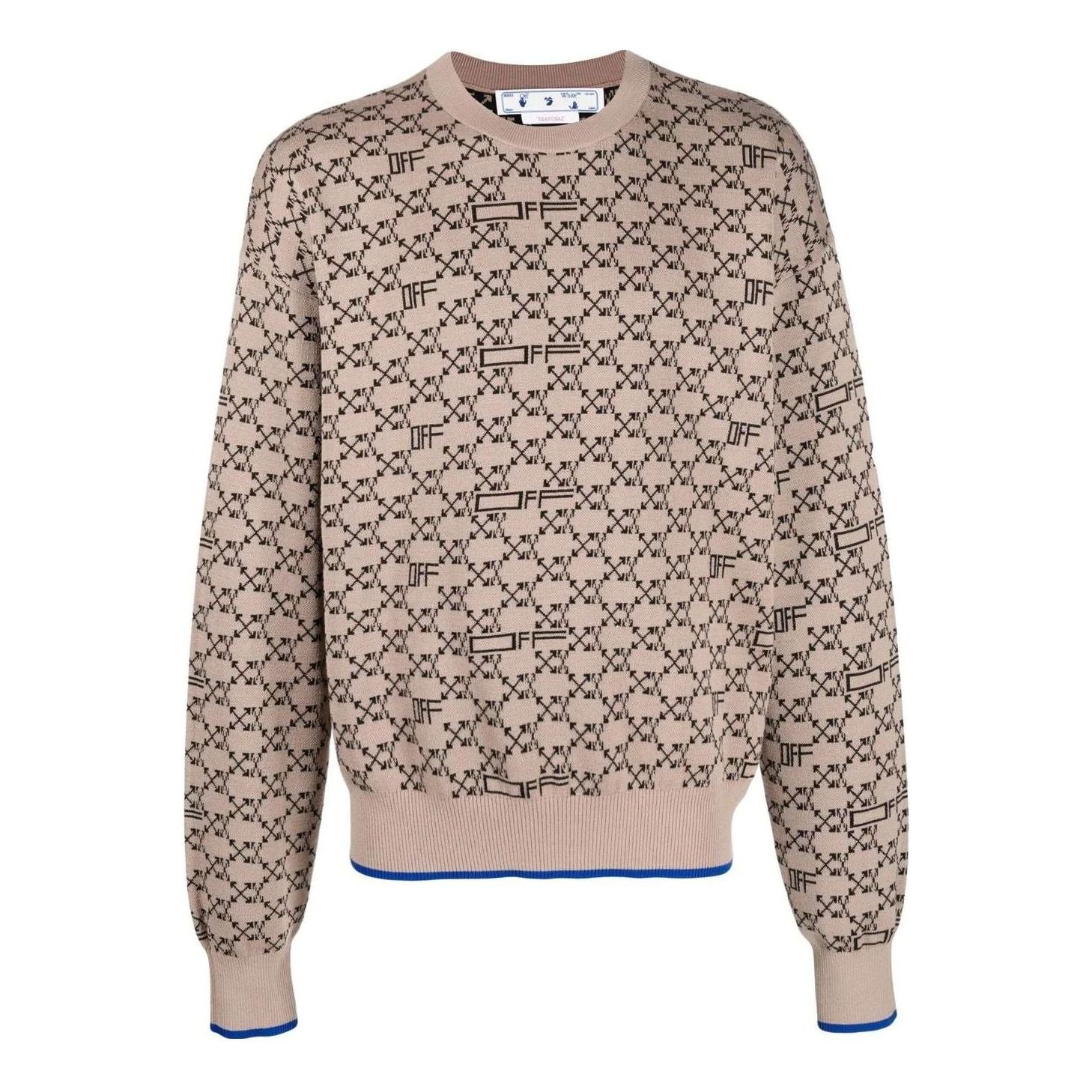 Men's Off-White Logo Pattern Ribbed Knit Pullover Wool Sweater Version Beige OMHE118S22KNI0016210