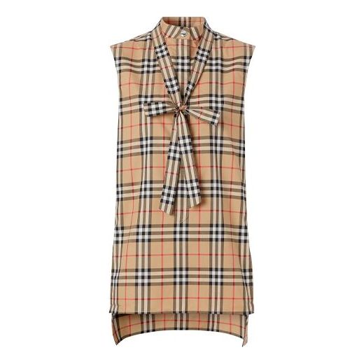 (WMNS) Burberry Vintage Check tie-neck Plaid Shirt Beige 80258241