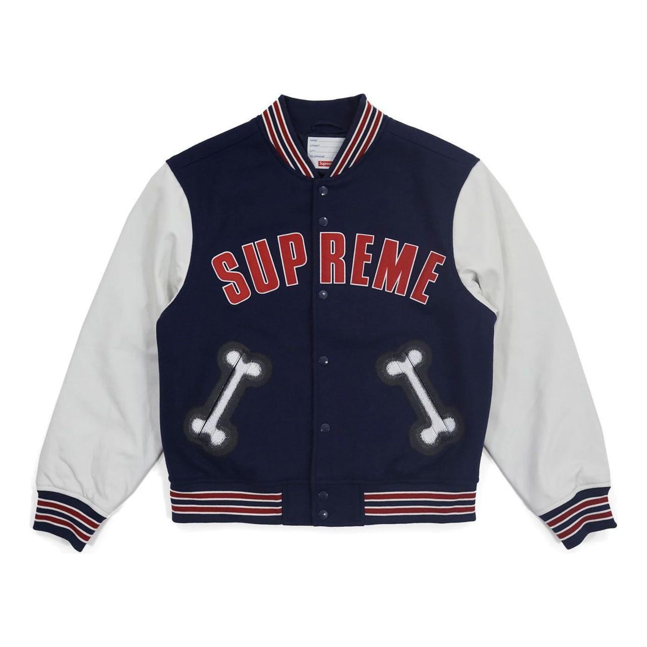 Supreme FW18 Bone Varsity Jacket Navy Sleeve Unisex Navy Blue SUP-FW18-492