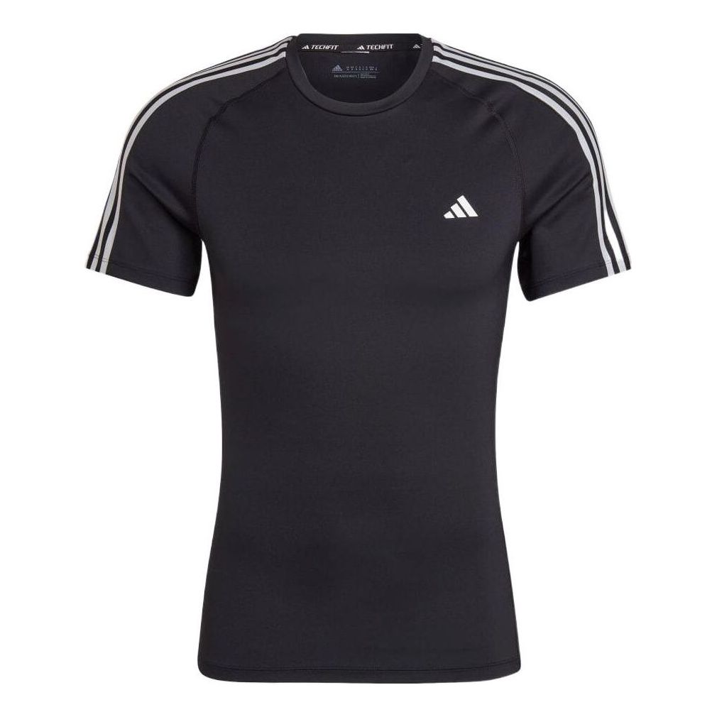 adidas Solid Color Stripe Logo Casual Round Neck Short Sleeve Black T-Shirt HD3525