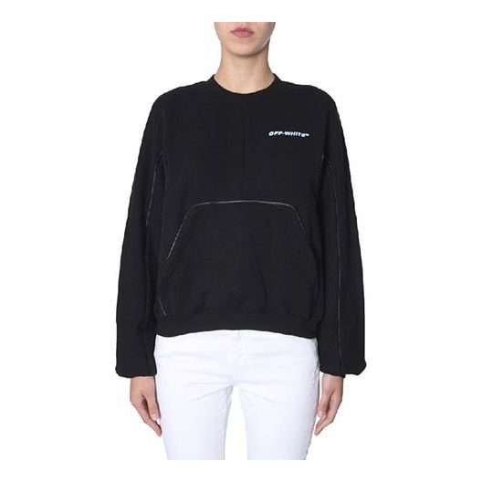 (WMNS) Off-White Black Logo Round Neck Pullover Hoodie Black OWBA043R19C480681001