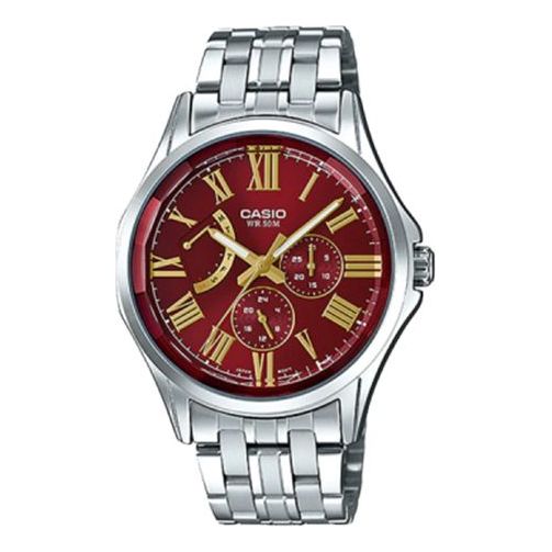 Men's CASIO Waterproof Date Display Quartz Red Dial 41mm Stainless Steel Strap Watch Analog Mens MTP-E311DY-4AVDF