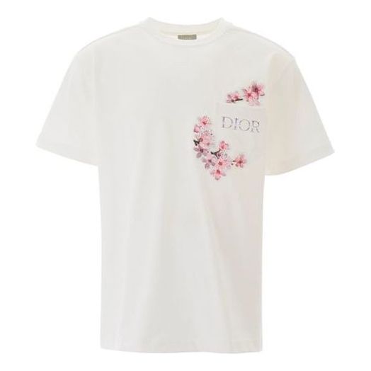 Men's DIOR x Sorayabai Crossover Sakura Logo Printing Pocket Short Sleeve White 933J611A0554-080