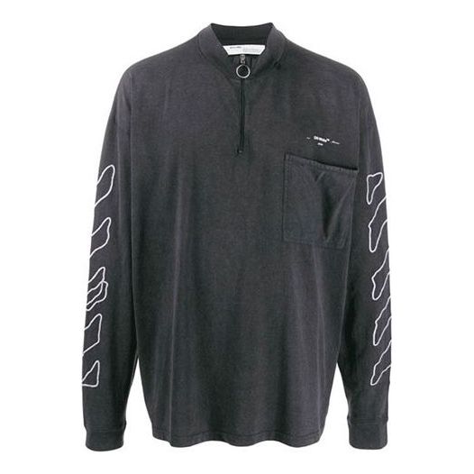 Men's Off-White SS21 Arrow Logo Pattern Half Zipper Long Sleeves Loose Fit Dark Grey T-Shirt 0MAB031F191850111001