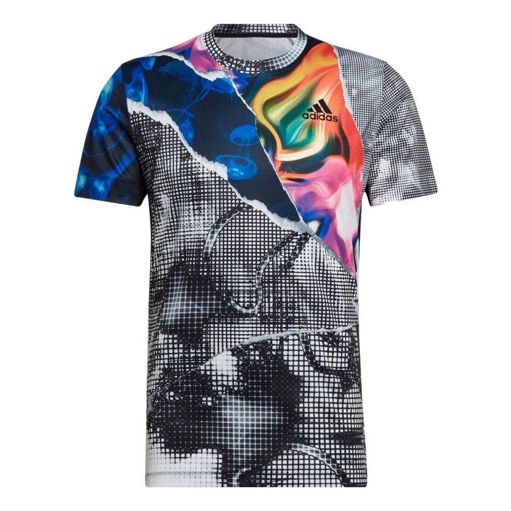 Men's adidas Pattern Full Print Logo Casual Round Neck Pullover Short Sleeve Multicolor T-Shirt HC8530