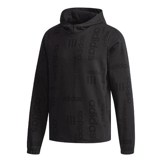 Men's adidas neo Full Print Logo Sports Pullover Hooded Knit Black CV7570