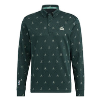 Men's adidas Full Print Pattern Lapel Long Sleeves Green Polo Shirt HG5788