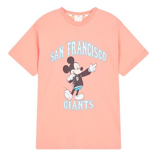 MLB  Disney Mickey Crossover New York Yankees Basic Printing Round Neck Short Sleeve Unisex Pink 31TSK3031-14O