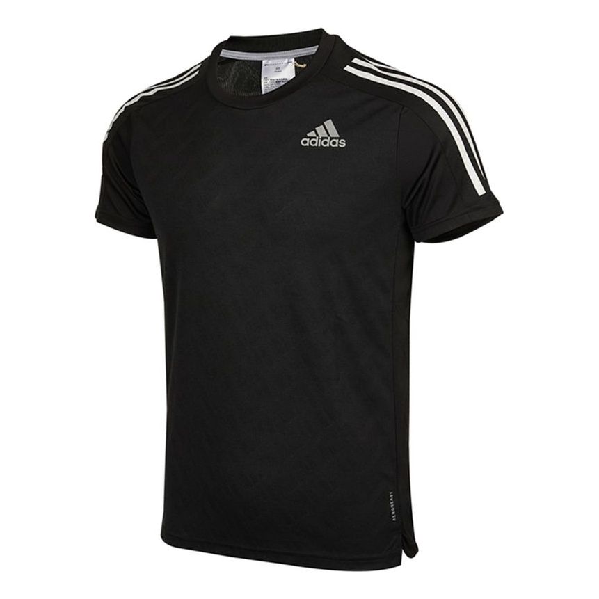 adidas Own the Run Tee Sports Training Stripe Round Neck Short Sleeve Black H36450