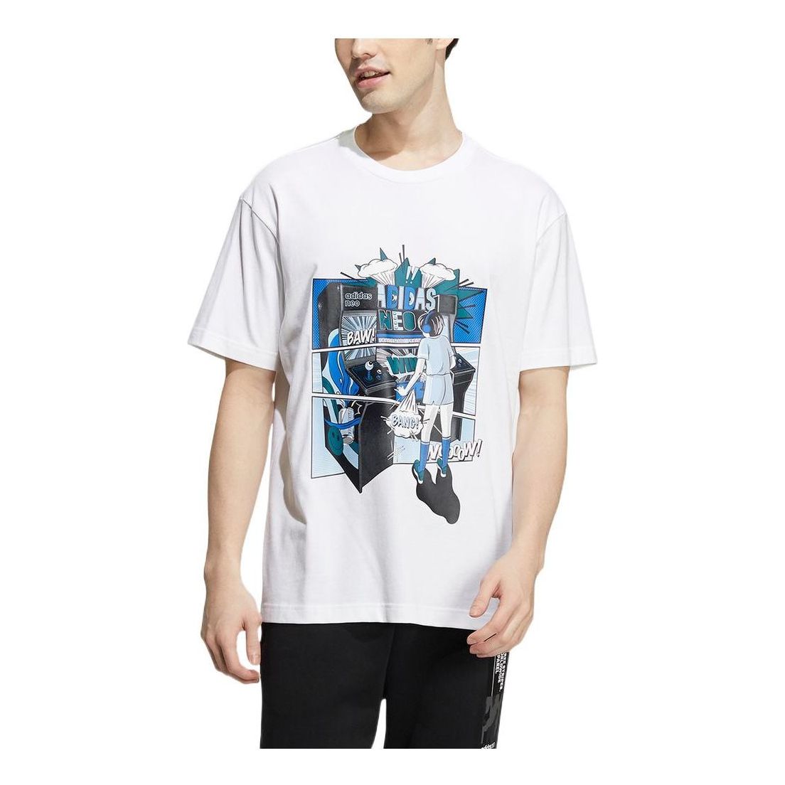 Men's adidas neo Cartoon Game Console Character Pattern Alphabet Round Neck Short Sleeve White T-Shirt HD4625