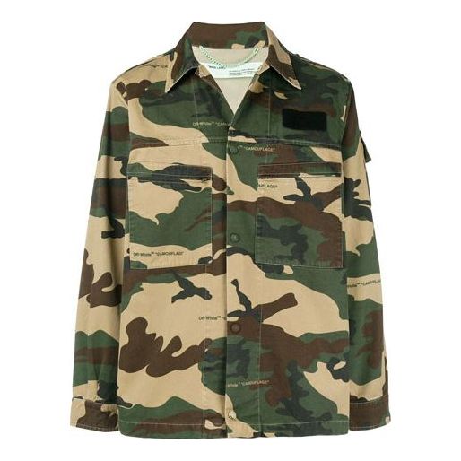 Men's Off-White Logo Printing Lapel Camouflage Jacket Loose Fit Green  OMGA063E18A300039901