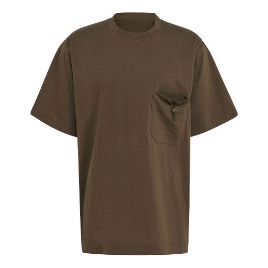 Men's Y-3 SS21 Loose Knit Pocket Round Neck Short Sleeve Dark Khaki T-Shirt GV4245