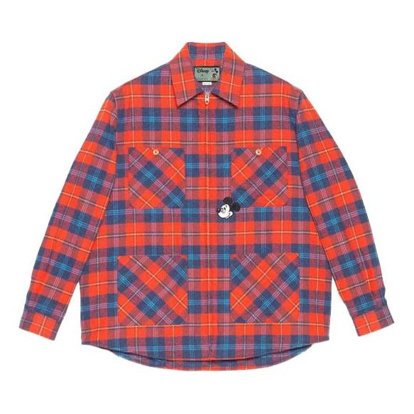 Gucci x Disney Embroidered Mickey Patch Checked Cotton Zip Shirt For Men Red 602688-ZADJX-6431