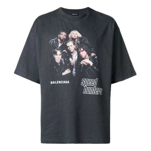 Men's Balenciaga Speed Hunter Series Printing Logo Retro Loose Short Sleeve Black 541877TCV381055