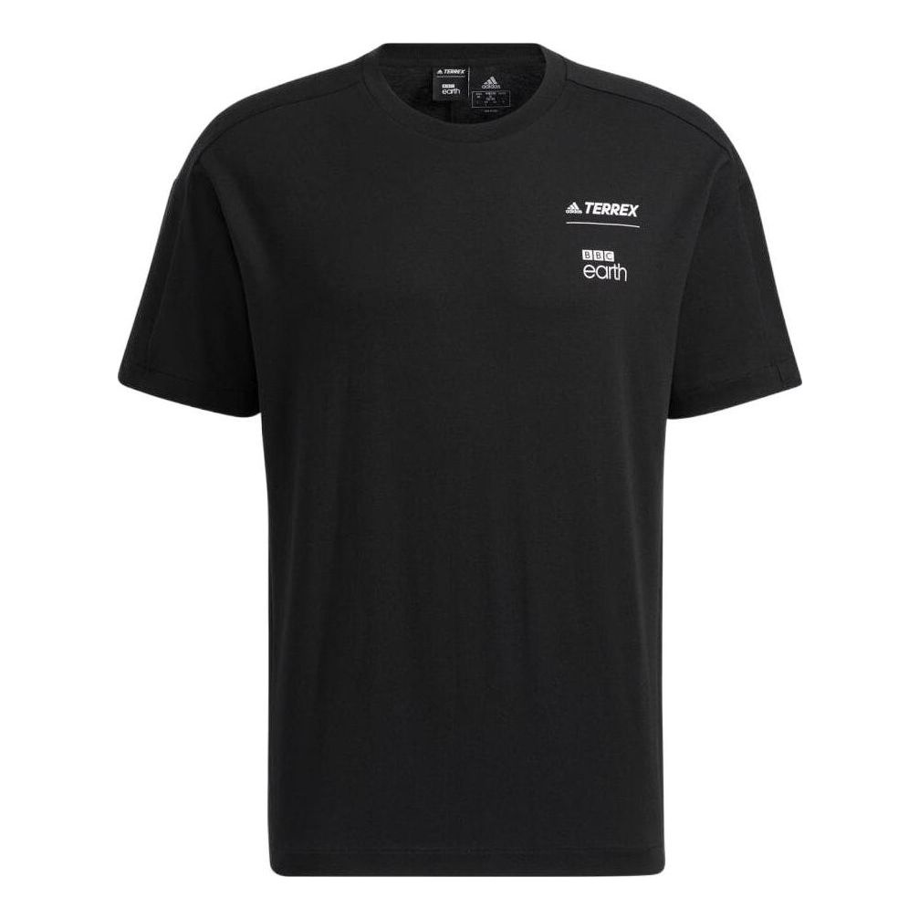 adidas FW22 Back Photo Printing Round Neck Short Sleeve Japanese Version Black T-Shirt HE5242