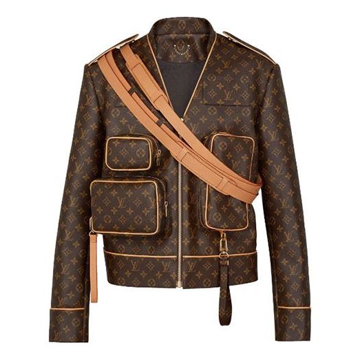 LOUIS VUITTON LV Monogram Presbyopic Show Stitching Pocket Leather Jacket For Men Brown 1A5Q6