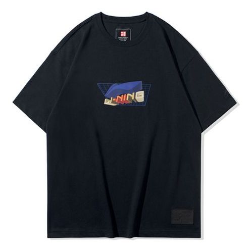 Li-Ning Printing Loose Round Neck Sports Short Sleeve Black AHSQ561-3