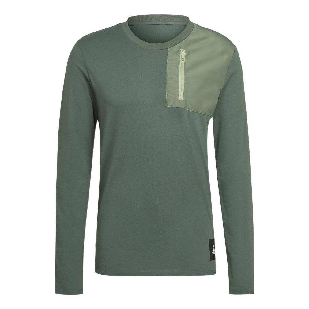 Men's adidas Solid Color Zipper Pocket Long Sleeves Green T-Shirt HN1662