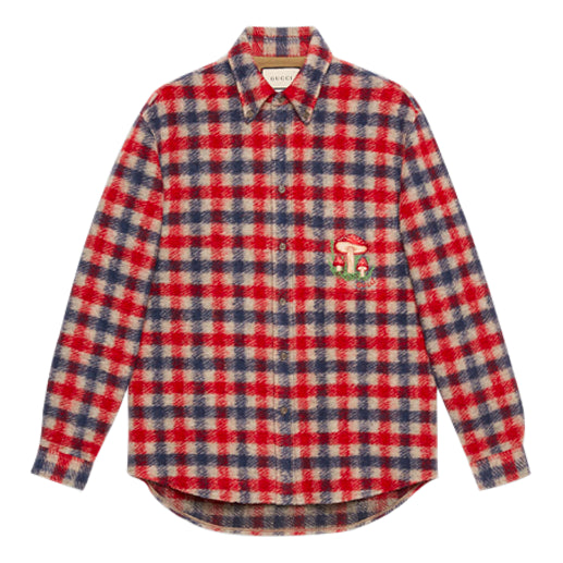Gucci Checked Wool Shirt With Mushrooms 'Red Blue' 636405-ZAFK3-9038