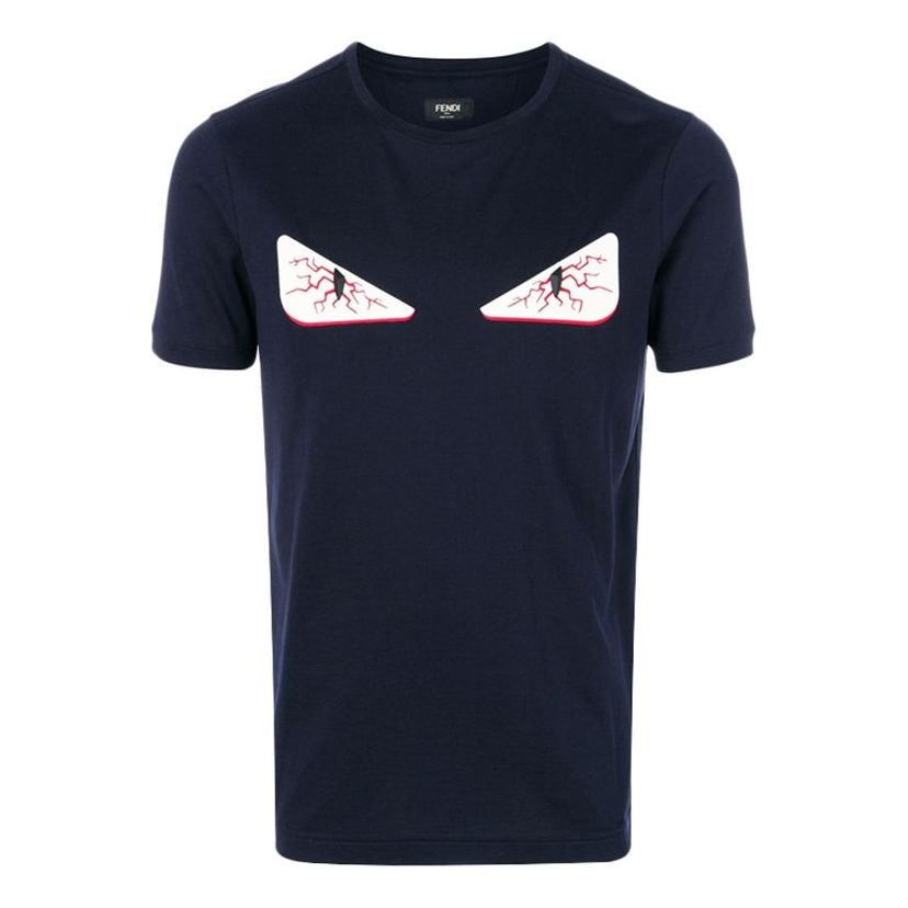 Men's FENDI SS21 Solid Color Brand Printing Round Neck Short Sleeve Navy Blue T-Shirt FY0894A28JF123Z