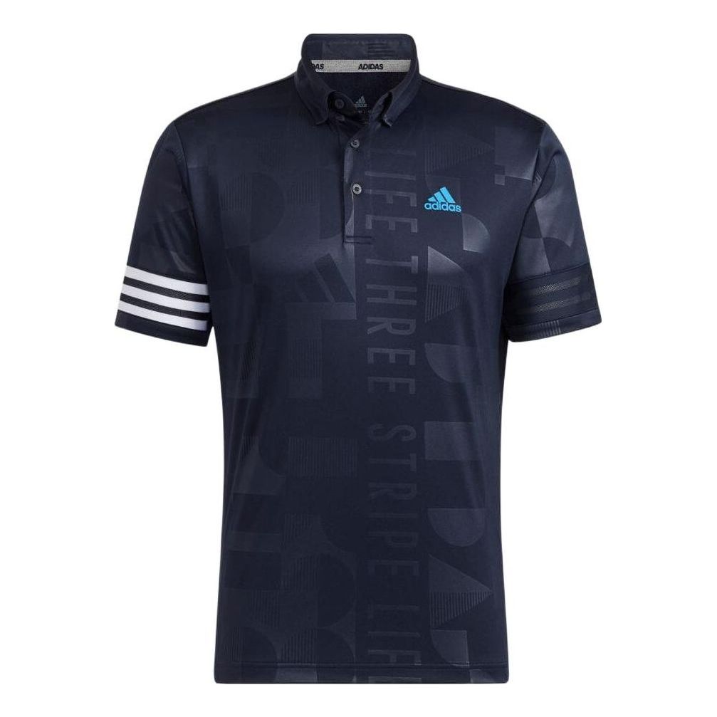 adidas Stripe Printing Logo Short Sleeve Button Polo Shirt Blue HA0227