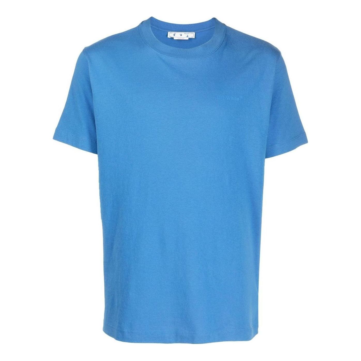 Men's Off-White FW22 Back Large Logo Printing Round Neck Short Sleeve Blue T-Shirt OMAA027F22JER0014545