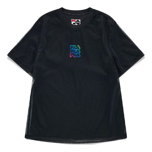 FILA FUSION Gradient Alphabet Printing Double Layer Knit Short Sleeve Dark Black T-Shirt T11W125108F-BK