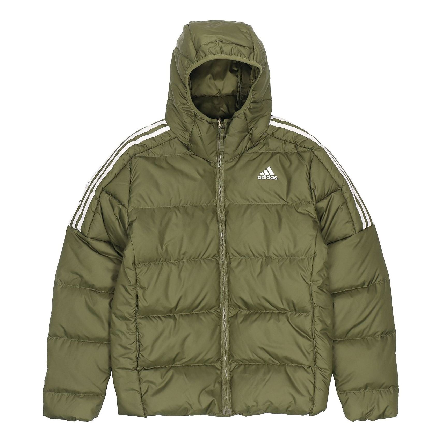Men's adidas Ess Mid D H Jkt Stay Warm Sports Hooded Down Jacket Olive GT9138