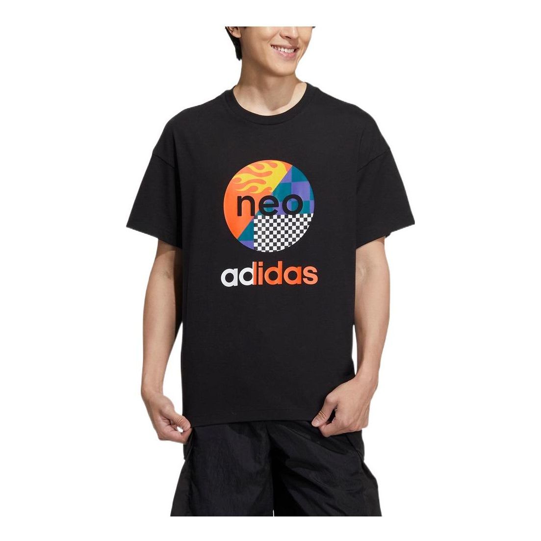 adidas neo Logo Printing Round Neck Pullover Short Sleeve Black T-Shirt HN4743