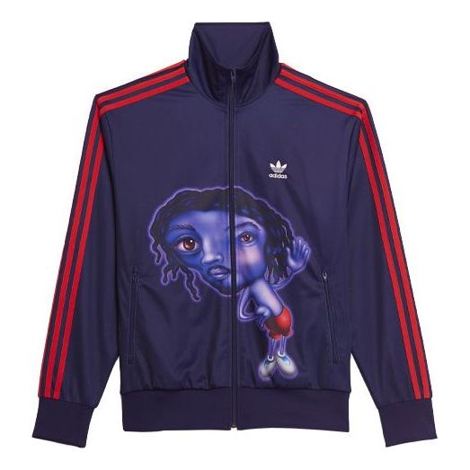 Men's adidas originals x Kerwin Frost Crossover Cartoon Printing Stripe Stand Collar logo Sports Jacket Blue H66305