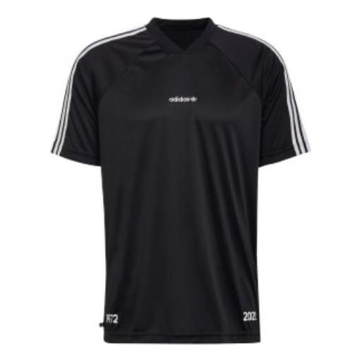 Men's adidas Stripe Logo Embroidered V Neck Pullover Short Sleeve Black T-Shirt HC7168