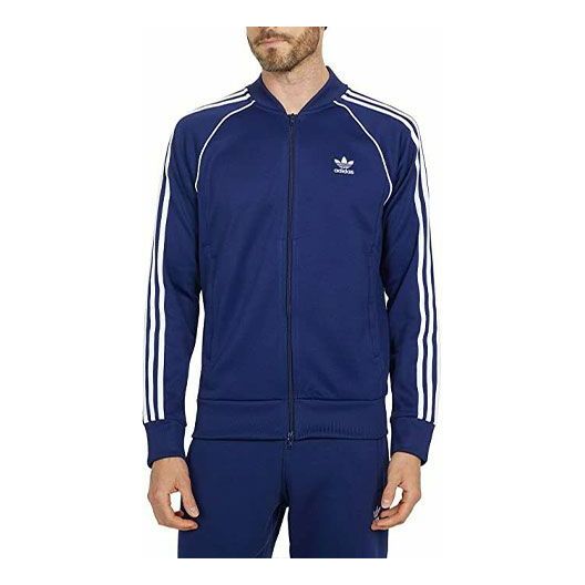 Men's adidas originals Stripe Zipper Stand Collar raglan sleeve Sports Jacket Blue H06710