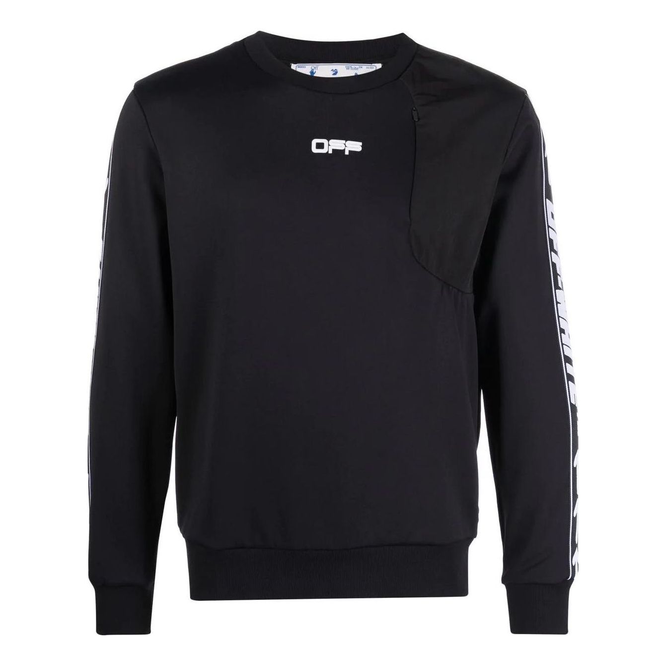 Men's Off-White FW22 Asymmetric Splicing Logo Webbing Round Neck Long Sleeves Black OMVD003C99FAB0011001