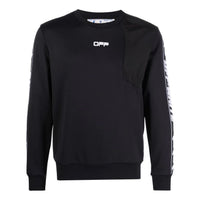 Men's Off-White FW22 Asymmetric Splicing Logo Webbing Round Neck Long Sleeves Black OMVD003C99FAB0011001