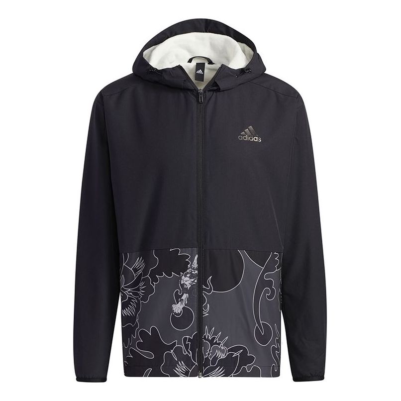 adidas Aop Block Colorblock Windproof Fleece Lined Stay Warm Hooded Jacket Black GT6484