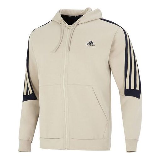 Men's adidas FI 3S FZ Athleisure Casual Sports Hooded Stripe Knit Jacket Khaki HK4570