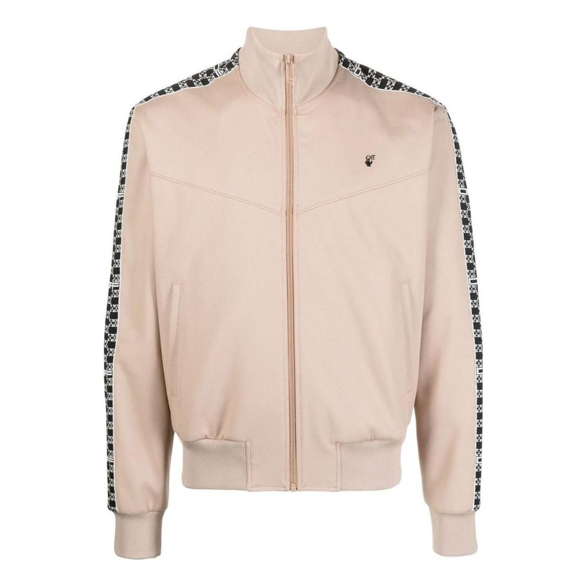 Men's Off-White SS22 Stripe Splicing High Collar Zipper Long Sleeves Version Khaki Jacket OMBD038S22FAB0016201CAMEL