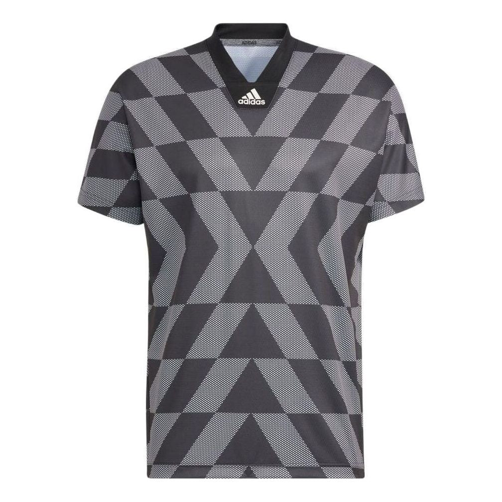 Men's adidas Colorblock Pattern Printing V Neck Short Sleeve Japanese Version Black T-Shirt HB3577