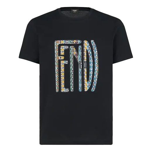 Men's FENDI SS21 Logo Pattern Printing Round Neck Short Sleeve Black FAF532AE8JF0GME