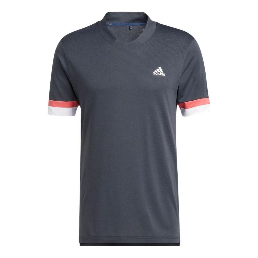 Men's adidas Colorblock V Neck Breathable Logo Stripe Quick Dry Short Sleeve Carbon Black T-Shirt HI4752