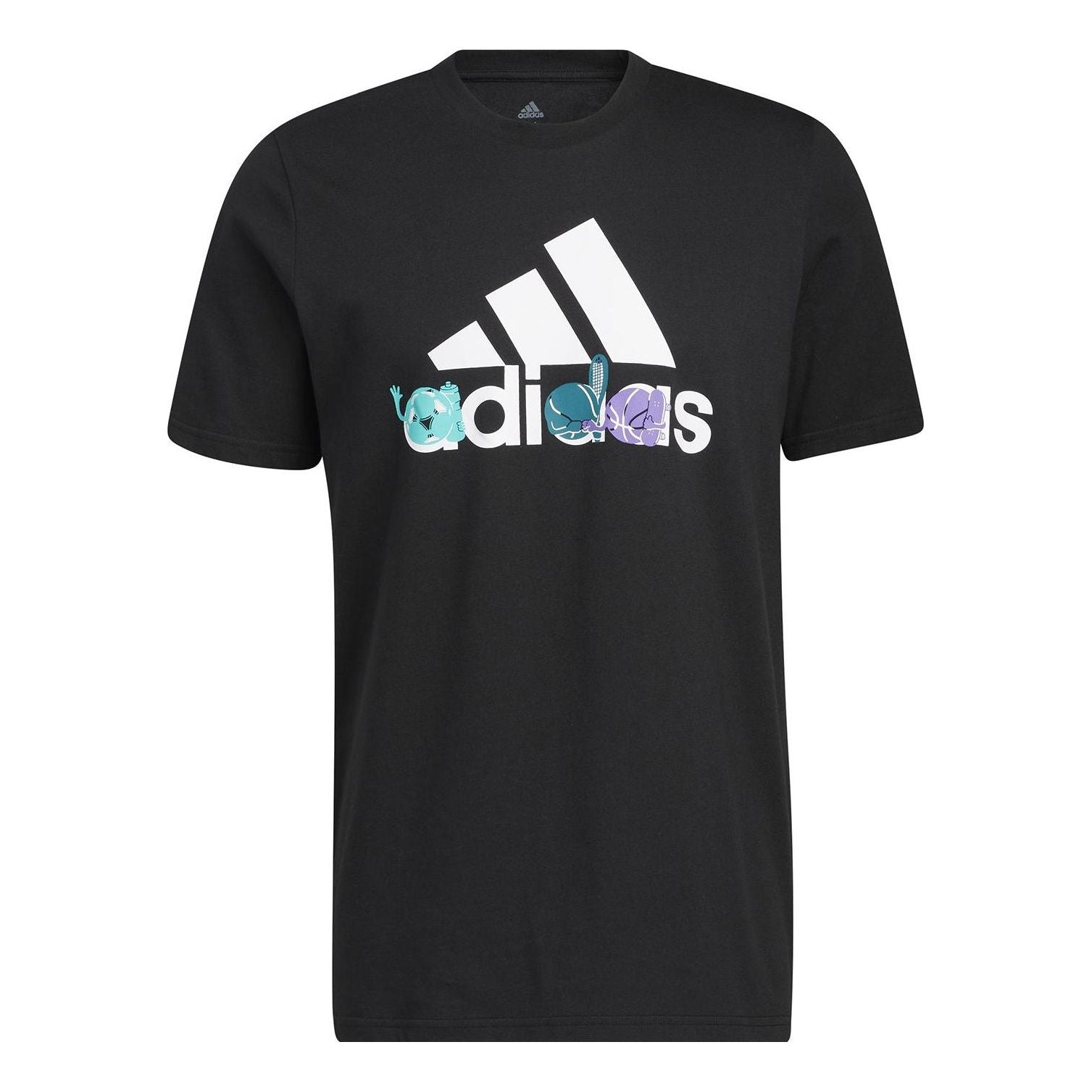 Men's adidas Logo Cartoon Pattern Printing Round Neck Short Sleeve Black T-Shirt HE4837