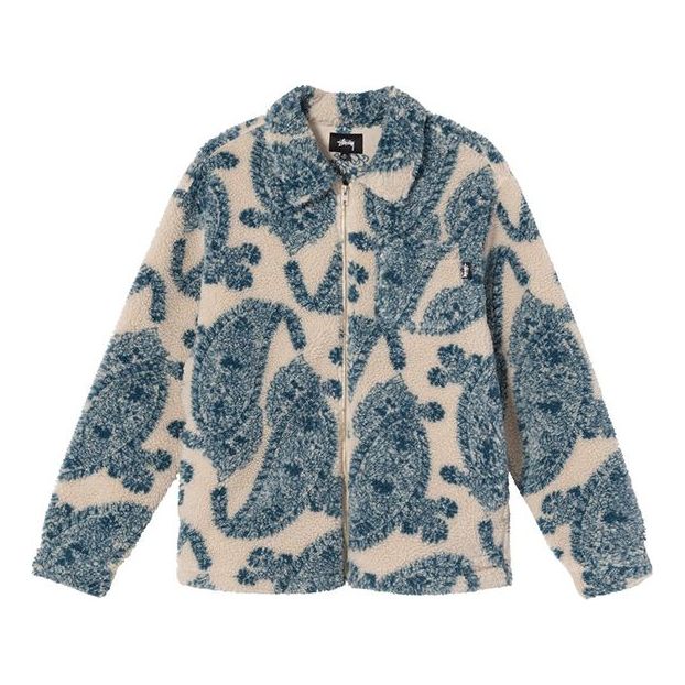 Men's Stussy Zipper Large Pattern Plush Long Sleeves Jacket White 118399