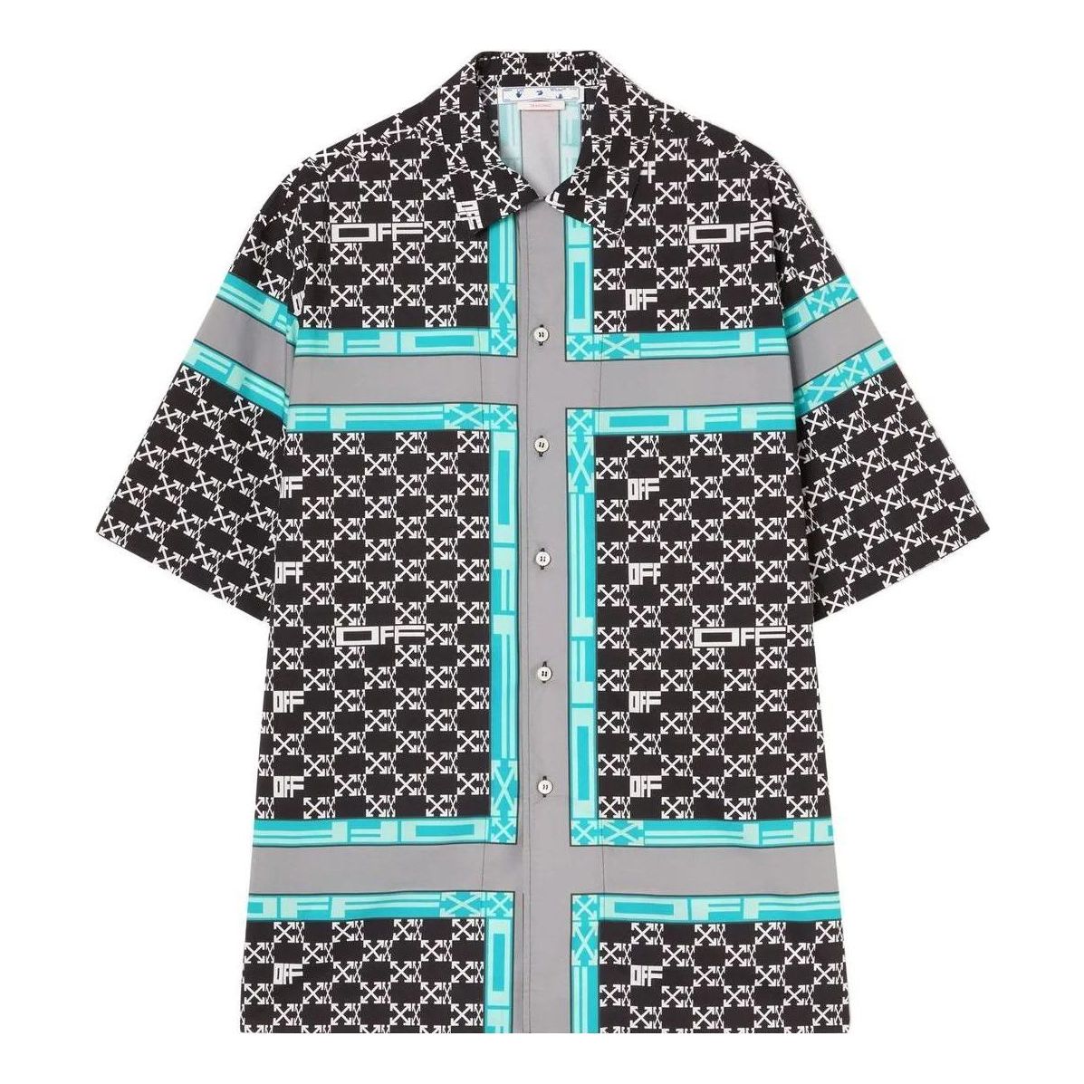 Men's Off-White FW22 Classic Logo Full Print Lapel Short Sleeve Loose Fit Black Shirt OMGA196S22FAB0041001