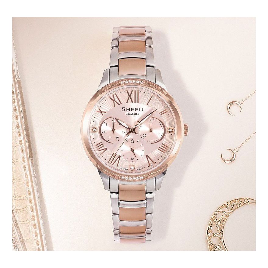 CASIO SHEEN Series Classic Elegant Three Needles And Three Eyes Stainless Steel Peach Gold Watch Gold Analog SHE-3058SPG-4A