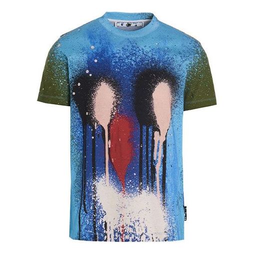 Men's Off-White FW21 Spray Painting Round Neck Short Sleeve Blue T-Shirt OMAA027S21JER02984008400