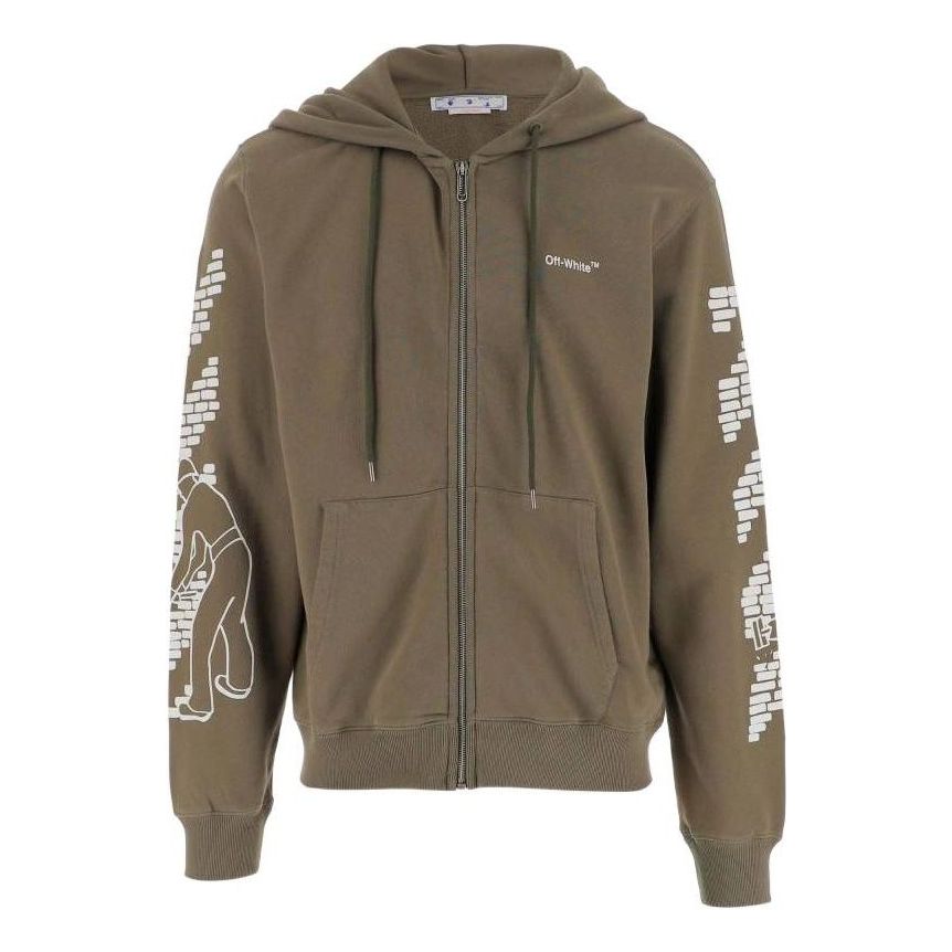 Men's Off-White FW22 Sleeve Pattern Printing Long Sleeves Zipper Loose Fit Military Green OMBE013F22FLE0055601