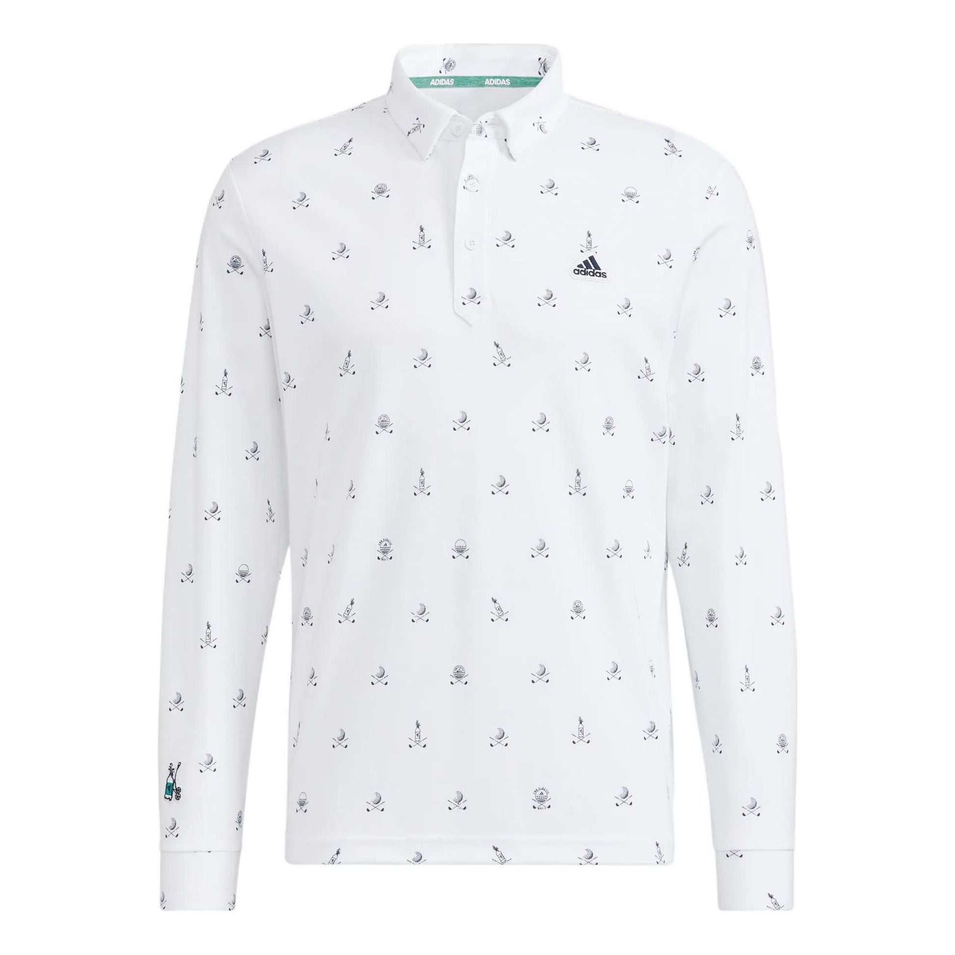 Men's adidas Pg Monogram Ls Pattern Full Print Golf Sports Long Sleeves White Polo Shirt HG5793