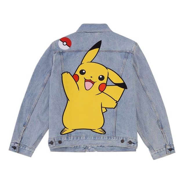 Men's Levis x Pokmon Crossover Pikachu Embroidered Cartoon Denim Jacket Cartoon Denim 77380-0040